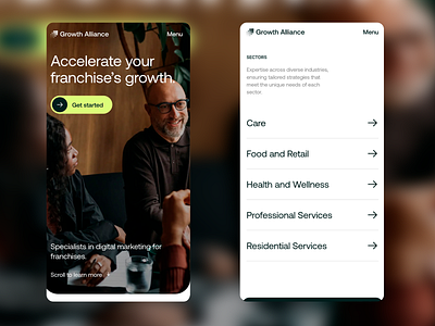 Growth Alliance - Digital Marketing App app design app interface business app digital marketing food and retail franchise health and wellness marketing app menu mobile app mobile app ui modern app design professional services residential services sectors specialists ui ui design ux ux design