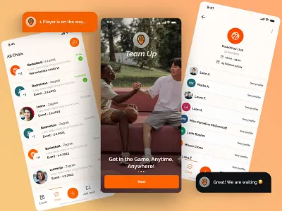 TeamUp - Sports Connection App app appdesign application applicationdesign appui basketball basketballapp chat meetingup meetup orange orangeapp sportsapp teamup whiteandorange
