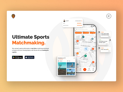 TeamUp - Website Design app showcase app website basketball black and orange colorful desktop download app gradient matchmaking web mixed colors orange orange and black product site sport sports web ui website