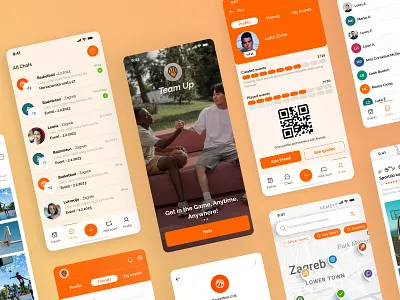 TeamUp - Sports Connection App app app showcase appdesign chat interactive map mobile mobile principles mobile ui orange orangeapp orangeapplication profile sport sports app sports application sportsapp team up ui