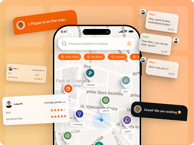 TeamUp - Sports Connection App app filters grades map matchmaking app messages mobile design mobile ui mobileapp modern orange orange app orange filters pins search slick sport sport matchmaking sports sportsapp