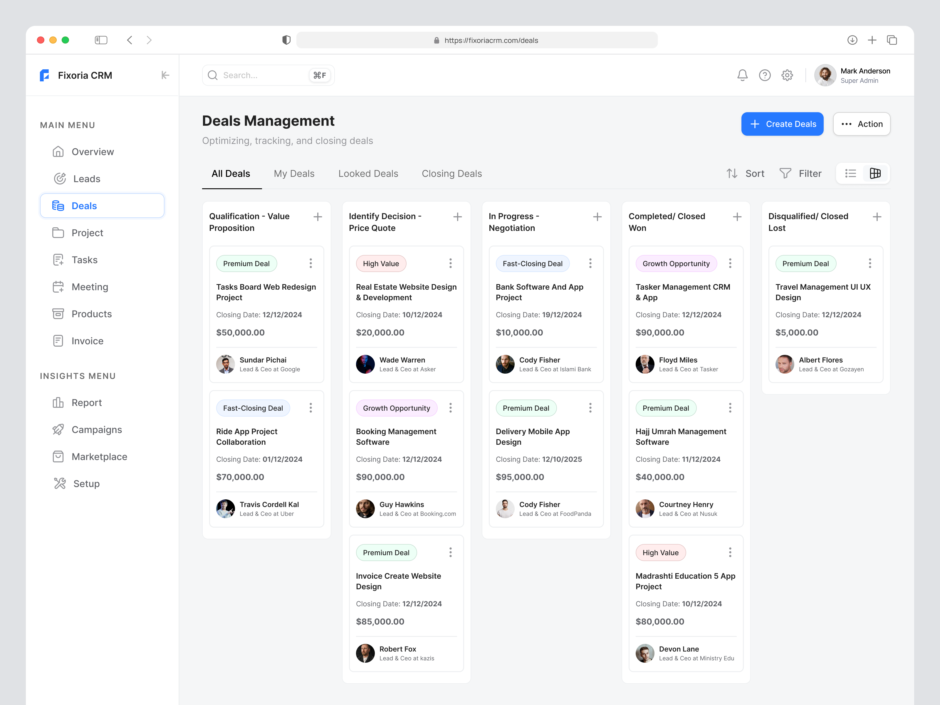 Deals Management Gird View - Web Application admin panel design application ui business management ui clean ui design dashboard dashboard grid view deal tracker deals management fixoria fixoria studio grid view design modern ux design professional web app saas dashboard uiux user interface design user x web web application ui workflow management