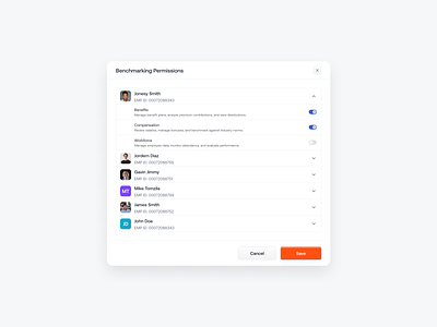 HR Benchmarking Permissions UI Interface access control admin tools benchmarking tools clean ui digital workflows employee data employee roles hr dashboard hr software hr ui design intuitive ui minimal ui modern design permissions management productivity design role based access toggle design user experience user friendly interface workforce management