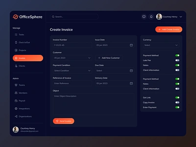 OfficeSphere - Create Invoice Management Dashboard create invoice crm dashboard invoice invoice product saas saas product sales campaign ui web design