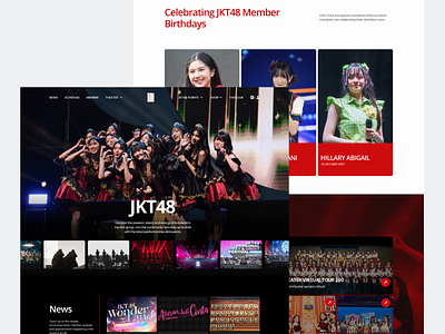 JKT48 - Landing Page 🙌 48group agency agency brand band design band landing page birthday section black design black red white branding design header transparent homepage idol group idol landing page idol ui jkt48 landing page news red highlights ui