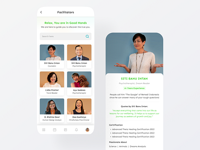 Remedi Counselling App - Facilitators card design mobile ui