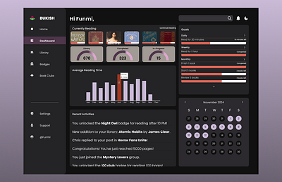 Dashboard Design for a book reading platform dark mode design dashboard design light mode design ui design ux design