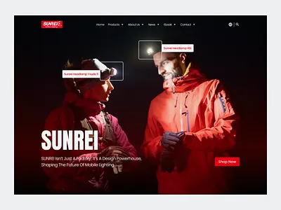SUNREI - Hero Section 🔦 black black hero branding headlamp headlamp hero hero section inspiration jacket hero landing page outdoor outdoor gear red red hero sunrei uiux