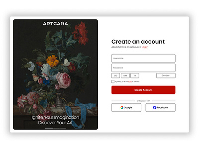 Artcana - Desktop Login / Register Page branding figma landing page uiux web design