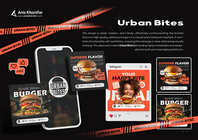 Instagram Post Design | URBAN Bites bites branding burger burger shop dark design fast food graphic design ig instagram logo minimal orange post social social media urban