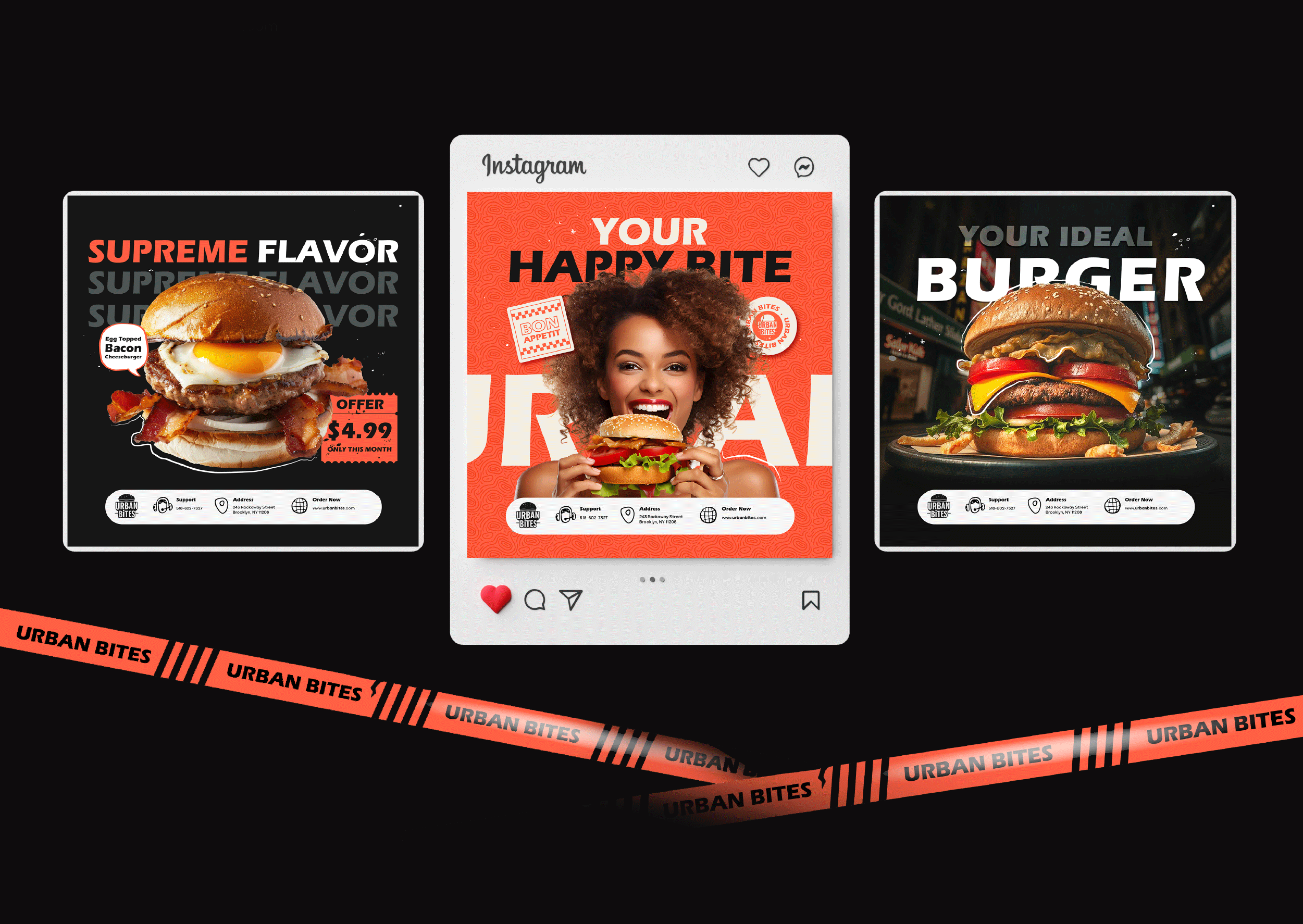 Instagram Post Design | URBAN Bites bites branding burger burger shop dark design fast food graphic design ig instagram logo minimal orange post social social media urban