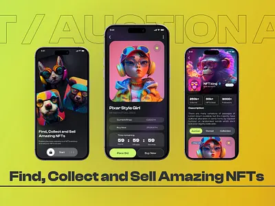 NFT / AUCTION MOBILE APP DARK THEME auction app blockchain app dapp dark theme app detailed screen home screen mobile app design nft app onboarding screen prototyping ui uiux design wireframe