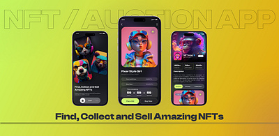 NFT / AUCTION MOBILE APP DARK THEME auction app blockchain app dapp dark theme app detailed screen home screen mobile app design nft app onboarding screen prototyping ui uiux design wireframe