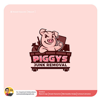 Piggy branding business cartoon character cute design graphic design hauling illustration junk logo mascot pig pink service vector