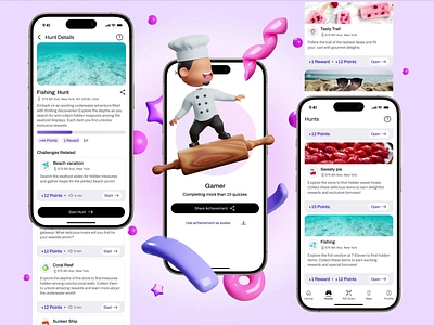 Location-based Gamified Shopping Mobile App Interface 3d elements 3d icons achievements adventure game animation ar augmented reality engagement figma design fun challenges gamification hunts location based game mobile app scavenger hunt top mobile design uiux user interaction