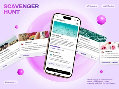 Location-based Hunt UI Design ar scanning challenge app challenge interface clean interface figma design gamification hunt ui interactive ui interactive ux location based app mobile app mobile ux points system reward system scavenger hunt task tracker user engagement user interaction ux design visual design
