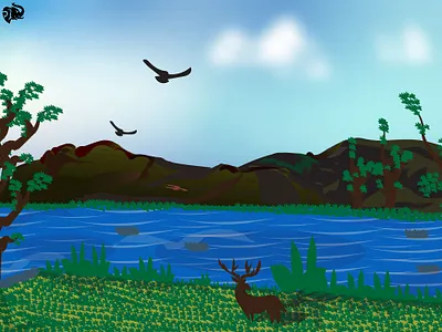 TRANQUILE SERENITY 2d flat art adobe illustrator art art collectors art galleries birds deer design digital art environment art illustration landscape art landscape illustration mountains nature art ocean sea seascape art