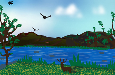 TRANQUILE SERENITY 2d flat art adobe illustrator art art collectors art galleries birds deer design digital art environment art illustration landscape art landscape illustration mountains nature art ocean sea seascape art