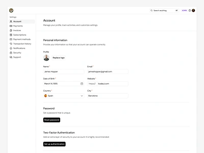 Settings · Koala UI account dark design system light light mode manage modal my account my profile navbar navigation role roles settings user user dialog user modal user settings