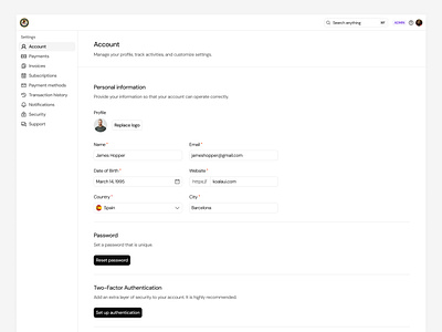 Settings · Koala UI account dark design system light light mode manage modal my account my profile navbar navigation role roles settings user user dialog user modal user settings