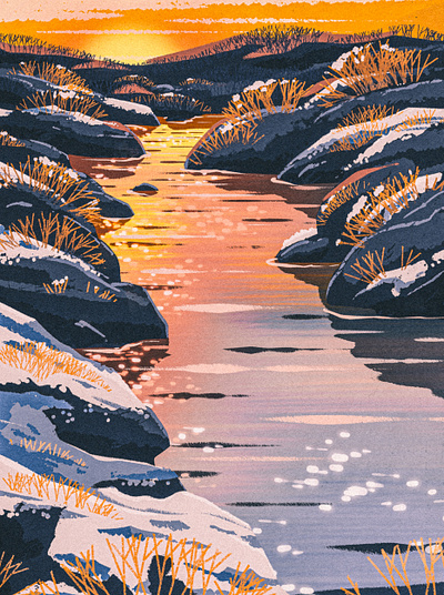 Iceland 2d brook digital painting golden hour ice iceland icelandic illustration landscape picturesque retro reykjavik river rocks snow stream sunset travel water winter