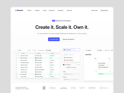 Baserow — homepage 🏠 bento grid calendar clean database features homepage inter landing page layout minimal product design saas simple spreadsheet startup ui ux web design website widelab