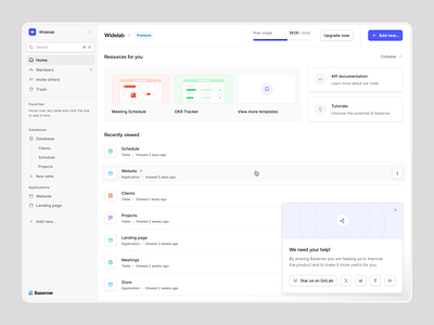 Baserow — Home 👋 app application cards clean dashboard icons inter layout list product design progress saas sidebar simple startup templates ui user interface ux widelab