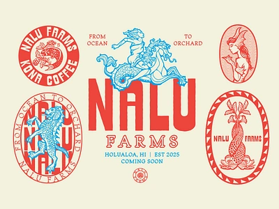 Nalu Farms Branding americana bean brand branding coffee coffee house coffeeshop design drawing eel graphic design hawaii hippocampus illustration kona logo mermaid plant sea wrasse