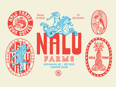 Nalu Farms Branding americana bean brand branding coffee coffee house coffeeshop design drawing eel graphic design hawaii hippocampus illustration kona logo mermaid plant sea wrasse