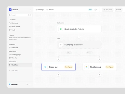 Baserow — Automation Builder 🎛️ action app application clean conditions editor filters flow funnel inter product design saas simple startup trigger ui user interface ux widelab workflow