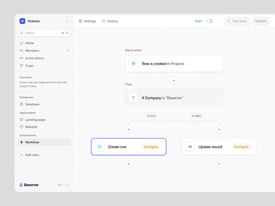 Baserow — Automation Builder 🎛️ action app application clean conditions editor filters flow funnel inter product design saas simple startup trigger ui user interface ux widelab workflow