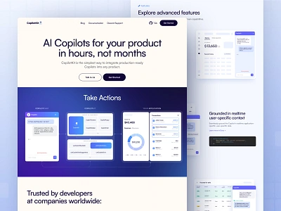 CopilotKit Web Design ai blue branding bright chatbot copilot creative design designstudio graphic design illustration interface landing page logo open source product design tech ui vector web design