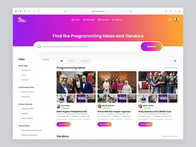 ERG Champs - Programming Ideas and Vendors Screen business platfrom endor platfrom event event app event application event management event planning tool management mangement application ui product design uiux design vendor vendor application