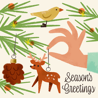 baubles ✨ bird christmas christmas tree decorating deer hand holidays ornaments packaging illustration pinecone seasons greetings spot illustration