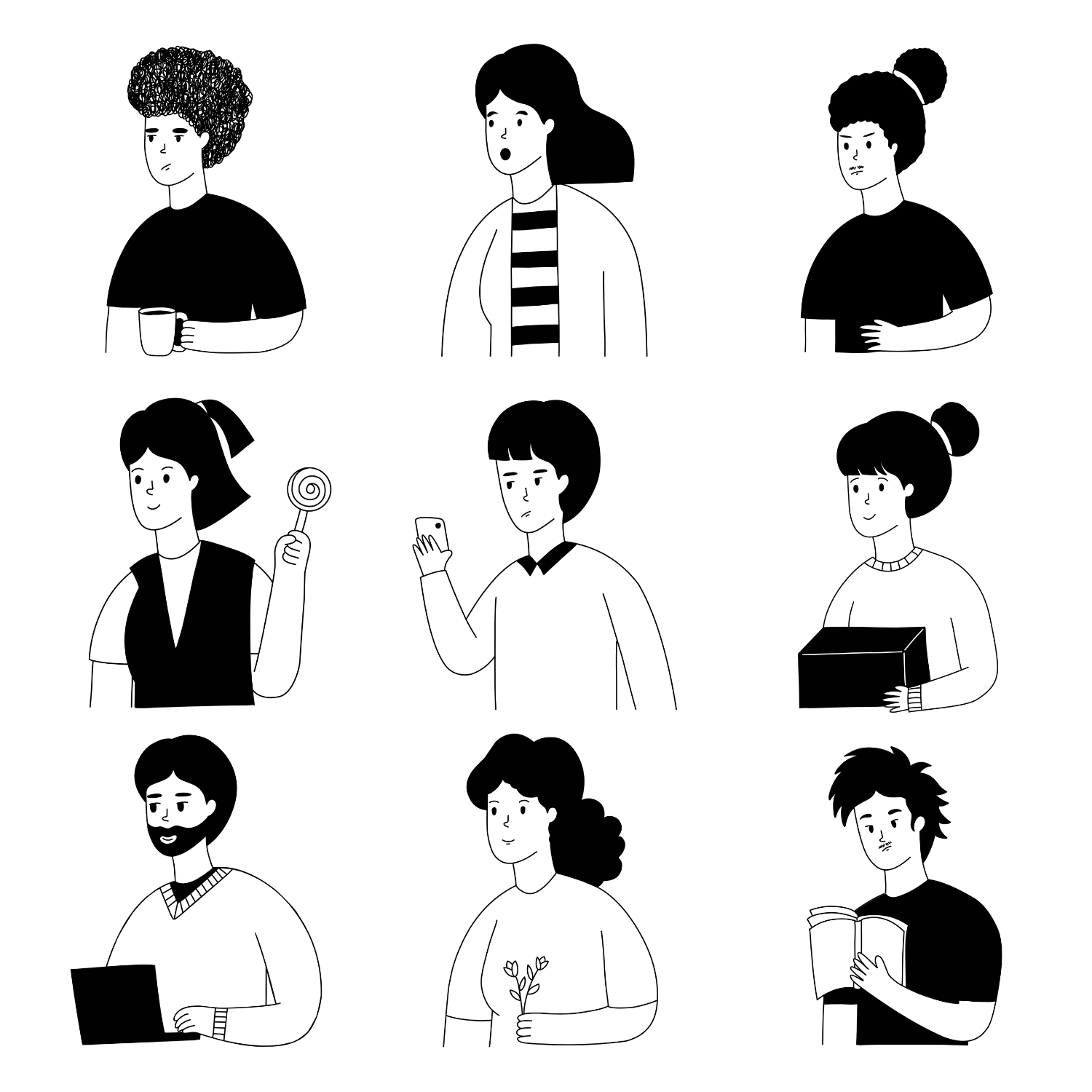 Modern Illustrations 2d avatars black and white characters cute cartoon digital art digital illustration graphic design hand drawn hand drawn character icon illustration minimalist minimalistic art modern notion style portrait profile picture simple illustration vector style