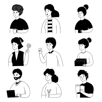 Modern Illustrations 2d avatars black and white characters cute cartoon digital art digital illustration graphic design hand drawn hand drawn character icon illustration minimalist minimalistic art modern notion style portrait profile picture simple illustration vector style