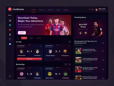 Sports Live Score badminton basket ball dark dashboard designer fifa football graphic design live match live score match premier league product design rugby sports ui uiux design ux voleyball