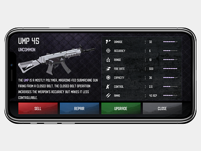 Clean and Functional Weapon Modal UI – UMP 45 dribbbledesign gamedesign gamehud gameinterface gamingexperience gamingui mobilefriendlyui modaldesign progressbars responsivedesign uiinspiration uiuxdesign upgradesystem weaponstats weaponui