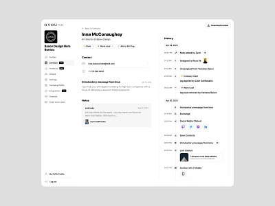 Separate contact page with history for OVOU Team. NFC card basov business nfc card card dashboard dashboard design digital business card digital card manage cards minimal minimalistic mobile profile mobile ui nfc card ovou saas design smart team cards teams ui web