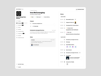 Separate contact page with history for OVOU Team. NFC card basov business nfc card card dashboard dashboard design digital business card digital card manage cards minimal minimalistic mobile profile mobile ui nfc card ovou saas design smart team cards teams ui web