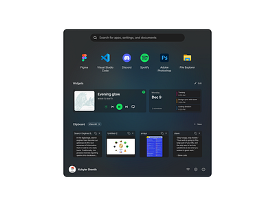 Windows Start Menu app clipboard component design design system dock figma landing page menu minimalist modal search settings spotify start ui ui design ui kit widget windows