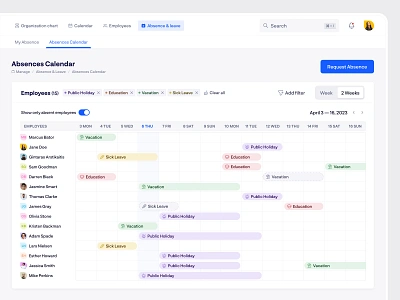 HR Management - Absences Calendar absence calendar clean colorful dashboard date events filters hr management minimal navigation platform playful product design saas timeline ui ui ux vacation web app