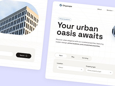 Cityscape home page design discover flat hero home input landing layo page property saas search studio ui ux