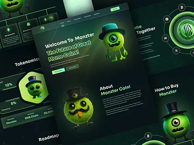 Memecoin Token Landing Page Design blockchain crypto cryptocurrency dark landing page meme coin memecoin nft nft website token tokenomics ui design web web design website website design