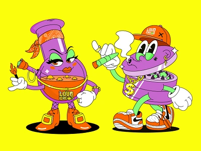 Characters for "Loud crowd" brand 1930 1930s 420 bong branding canabis cartoon character grinder hiphop illustration mascot old cartoon old school rap vintage weed