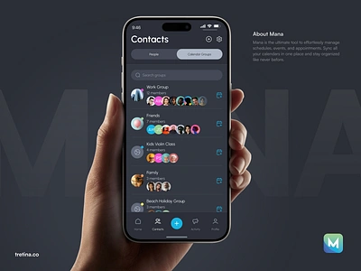 Mana App android app calendar contacts dark groups interface iphone list mobile schedule subscription ui ux