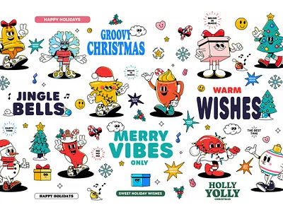 Groovy Christmas Characters 70s cartoon character characters christmas groovy merry retro vector vibes vintage