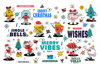 Groovy Christmas Characters 70s cartoon character characters christmas groovy merry retro vector vibes vintage