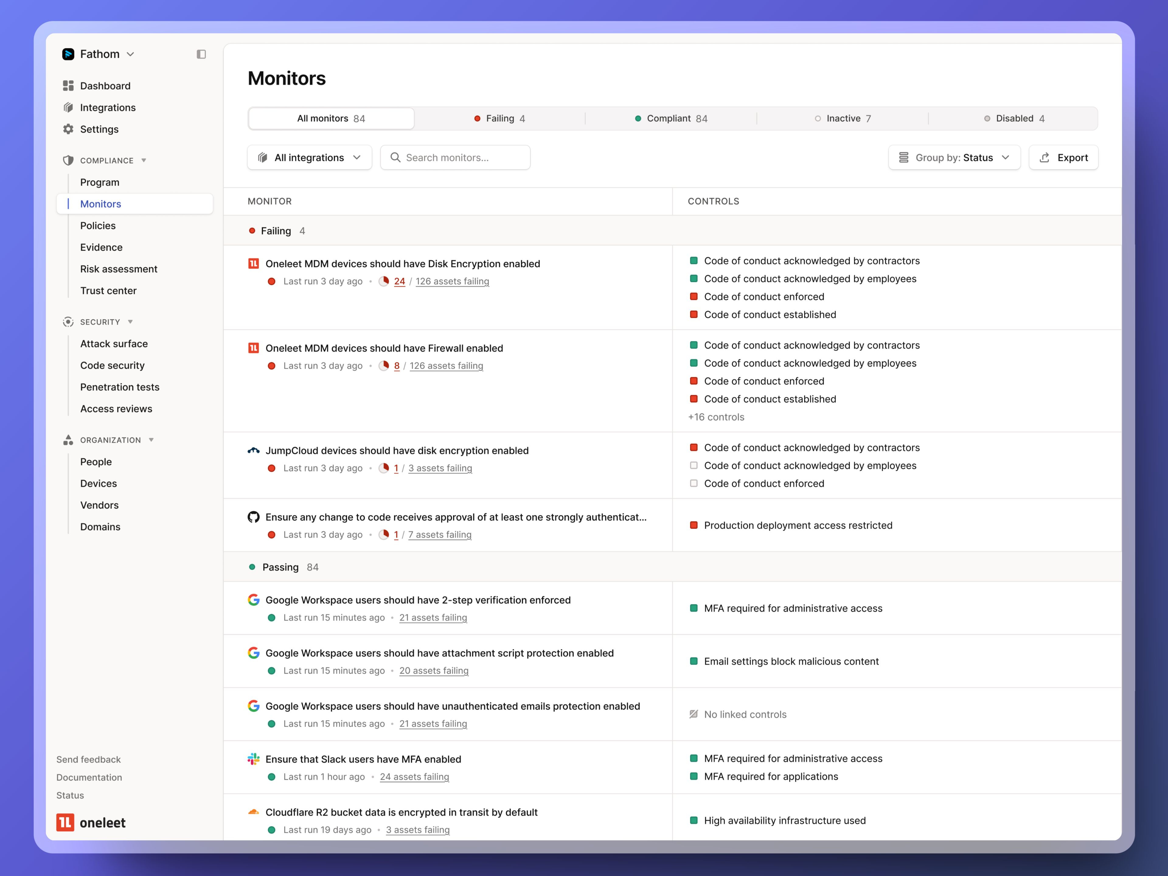 Monitors Page - Table with Segmented Control compliance figma filters grc light list minimal pen test product design saas sections security platform segment control sidenav soc2 table ui web