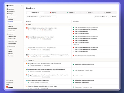 Monitors Page - Table with Segmented Control compliance figma filters grc light list minimal pen test product design saas sections security platform segment control sidenav soc2 table ui web